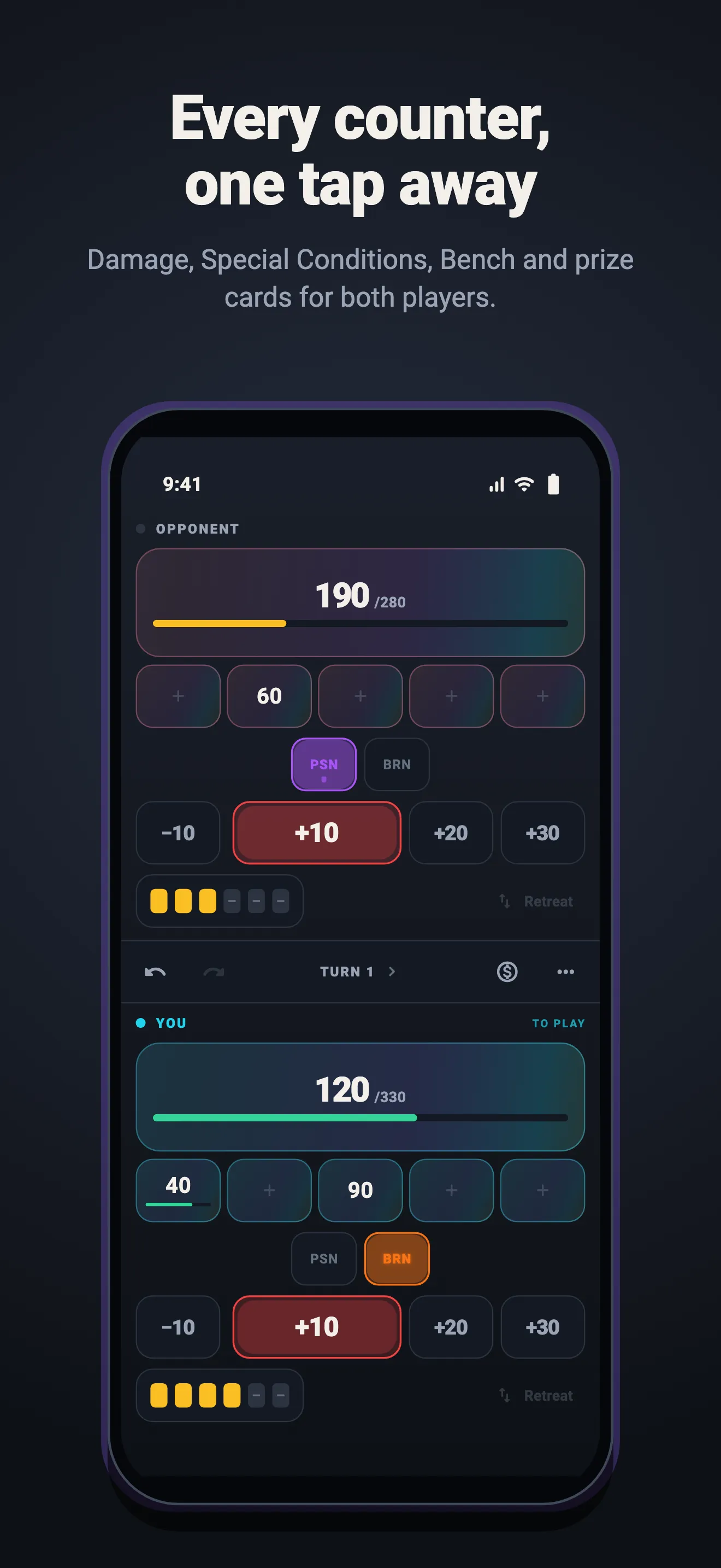 The live board with damage, conditions, bench and prize cards for both players