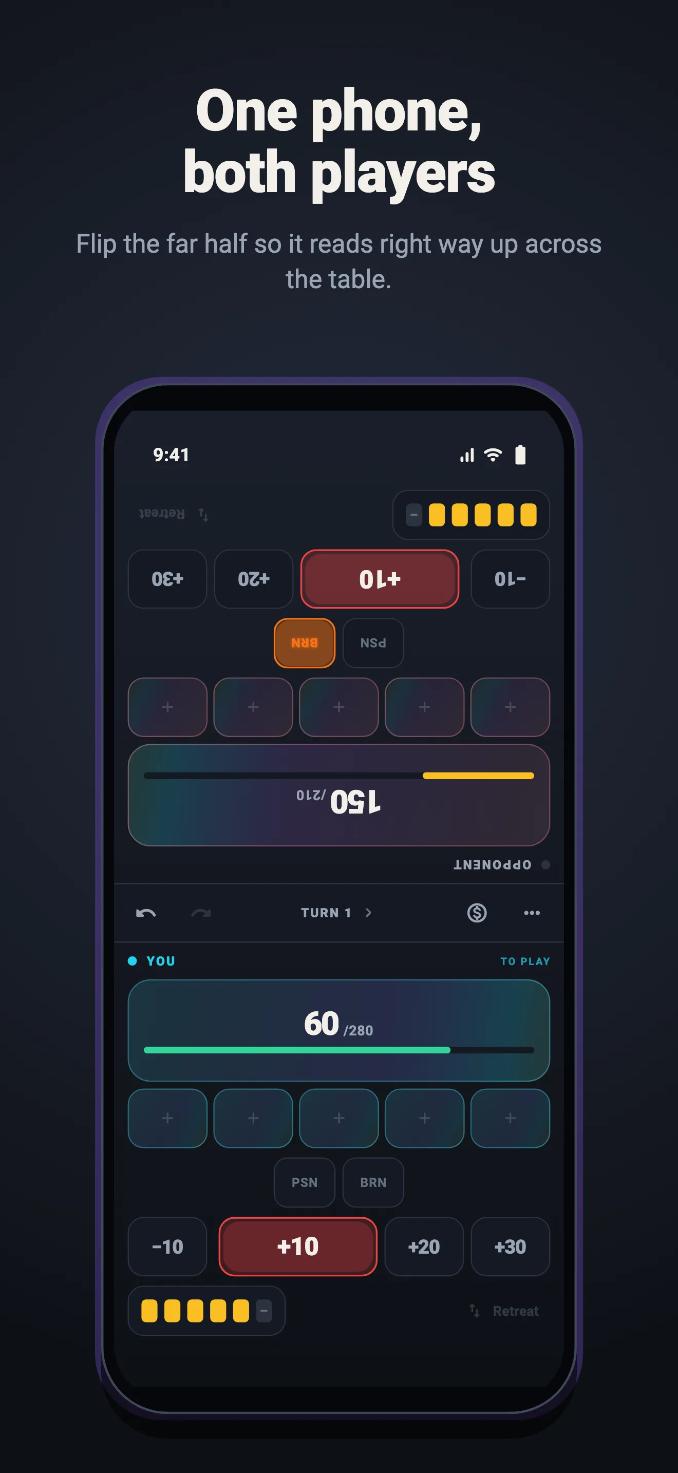 Shared-table mode, with the far half flipped to face the other player