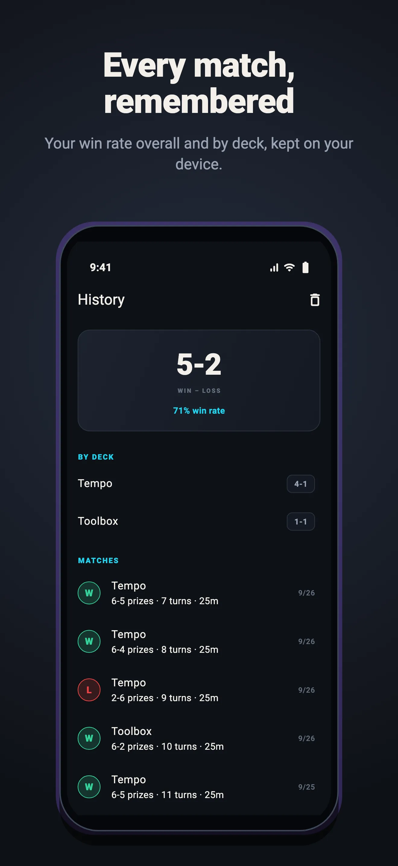 Match history with win rate overall and by deck
